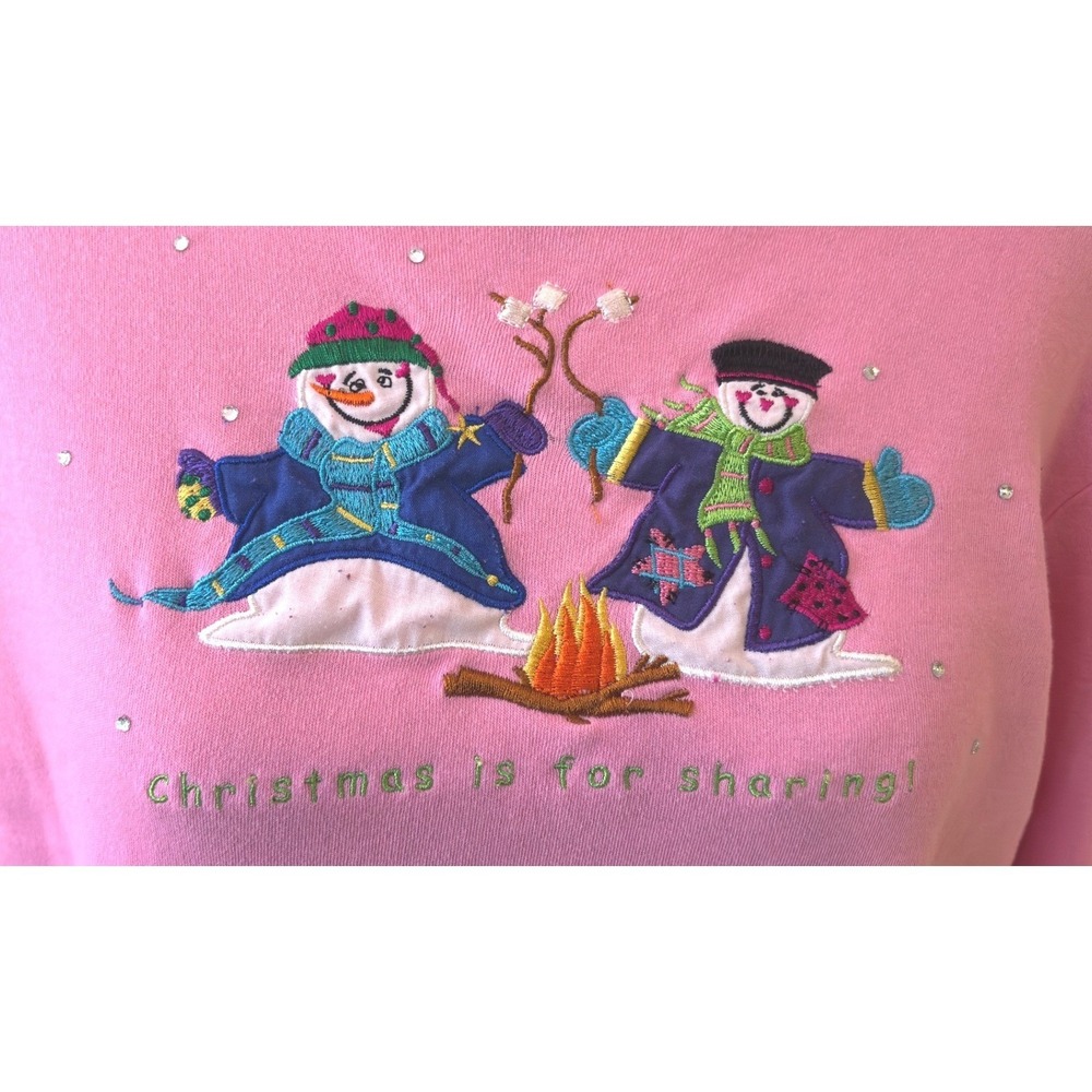 Cottagecore Pink embroidered Christmas Snowmen Long sleeve shirt Small grandma